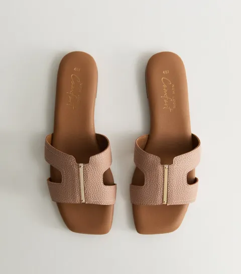 New Look Women's Pink Grained Faux Leather Metal Bar Mule Sandals Vegan