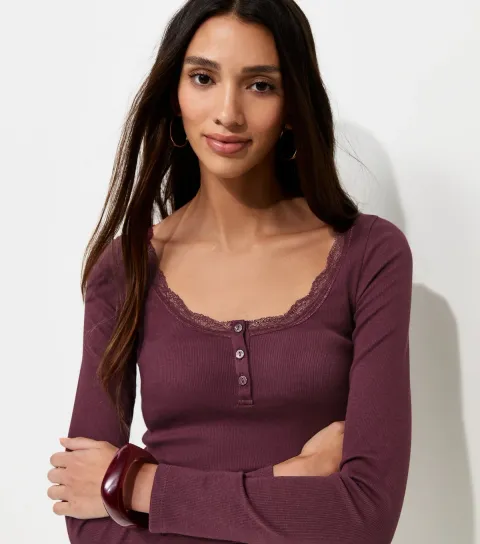 New Look Women's Dark Burgundy Cotton Rich Lace Trim Long Sleeve Henley Tops
