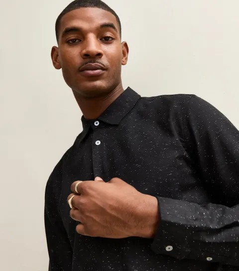 Men's Black Speckled Regular Long Sleeve Shirt