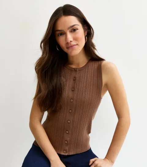 Women's Petite Brown Ribbed Button Down Vest