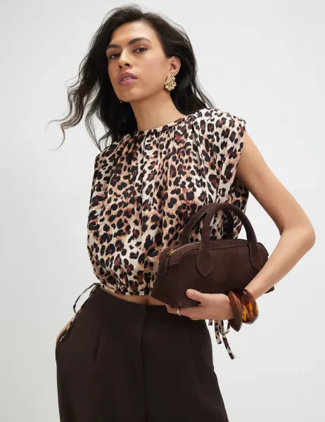 River Island Animal Print Bubble Hem T-Shirt Brown Mix