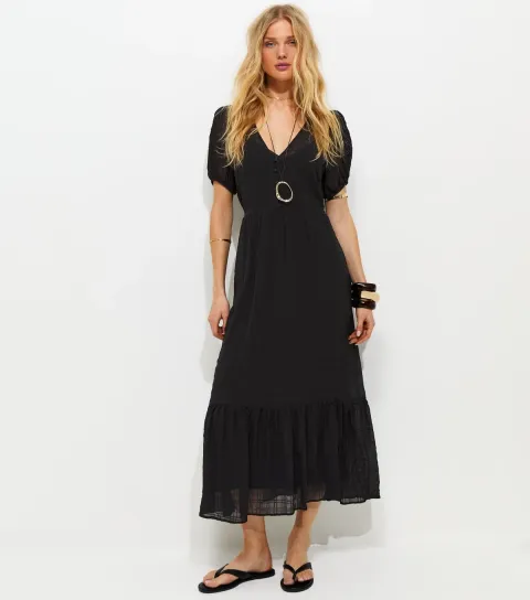 Women's Black Checked Button Through Midi Dress