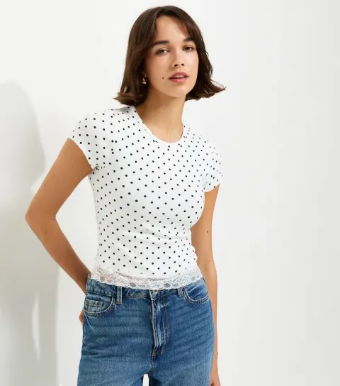 Women's White Cotton Rich Polka Dot Lace Hem Baby Tee T-Shirt