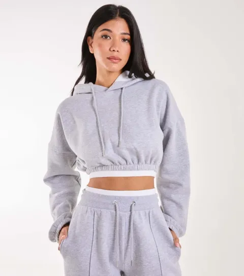 Women's Grey Contrast Waist Crop Hoodie