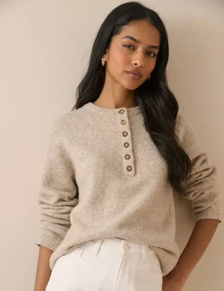 Nobody's Child Henley Crew Neck Jumper With Wool Beige