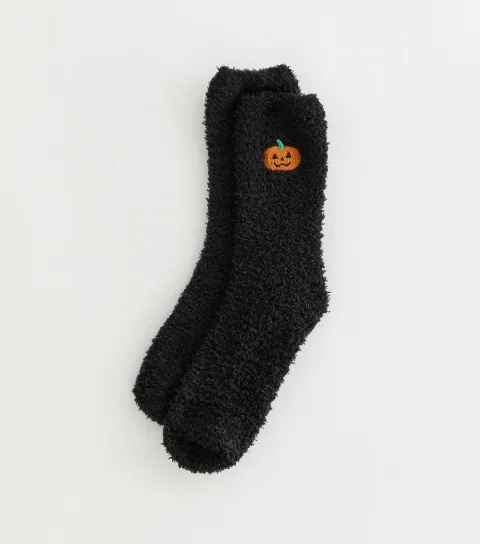 Black Fluffy Embroidered Pumpkin Ankle Socks