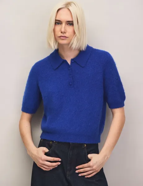 RO&ZO Wool Blend Collared Knitted Puff Sleeve Top Blue