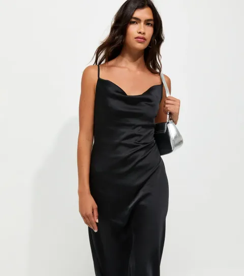 Women's Dark Brown Satin Cowl Neck Strappy Midi Dress