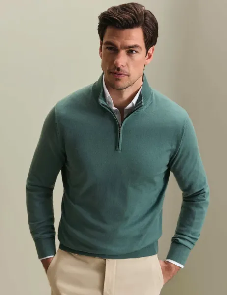 Charles Tyrwhitt Pure Merino Wool Half Zip Jumper Teal Green