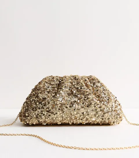 New Look Gold Sequin Embellished Gathered Frame Clutch