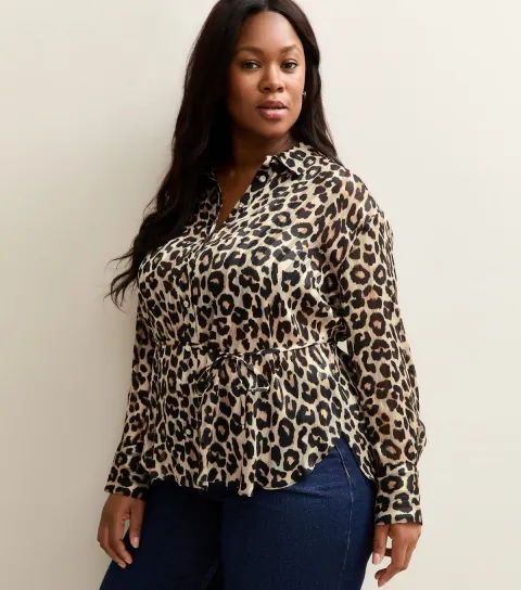Women's Plus Size Brown Animal Print Belted Shirt Curves