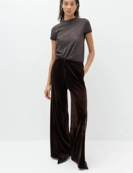 Marks & Spencer Velvet Pull On Wide Leg Trousers Bitter Chocolate