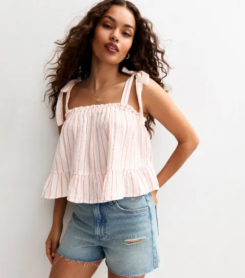 Women's Petite Pink Striped Cotton Tie Shoulder Cami Top