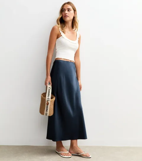 New Look Women's Navy Blue Satin Bias Cut Midi Skirt