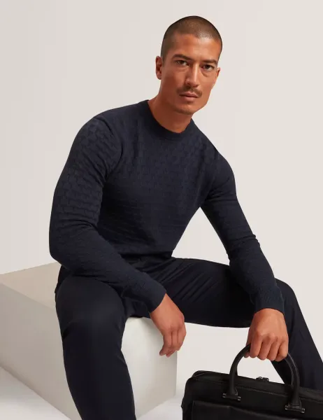 Ted Baker Wool Blend Textured Crew Neck Jumper Navy