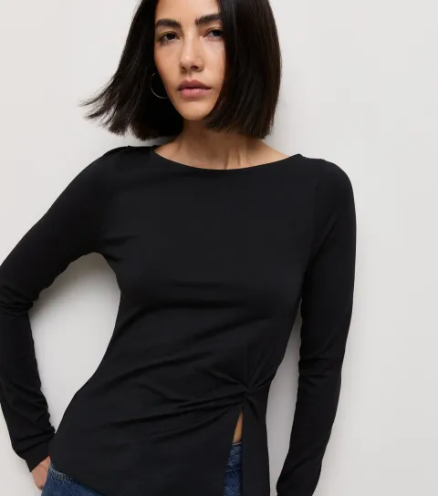 Women's Black Cotton Rich Side Knot Long Sleeve Top