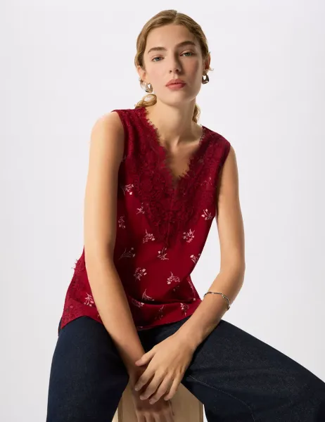 Whistles Floral V-Neck Lace Trim Top Burgundy Mix