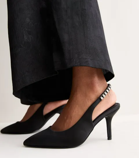 New Look Women's Wide Fit Black Satin Embellished Slingback Strap Pumps Vegan