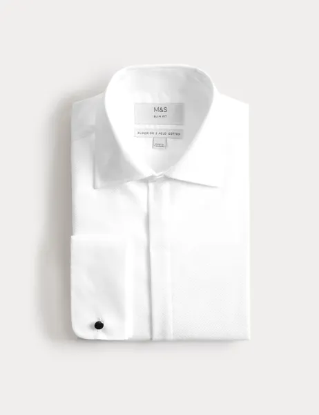 Marks & Spencer Slim Fit Luxury 2 Inch Shorter Pure Cotton Bib Dress Shirt White