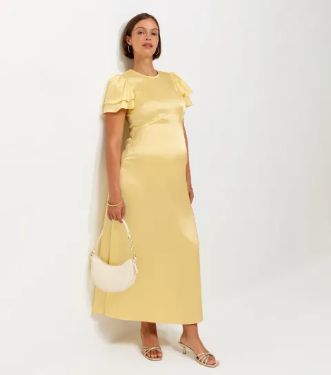 Women's Maternity Light Yellow Occassion Frill Flutter Satin Midi Dress