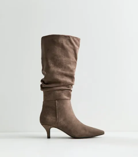 New Look Women's Mink Faux Suede Ruched Pointed Toe Knee High Boots Vegan