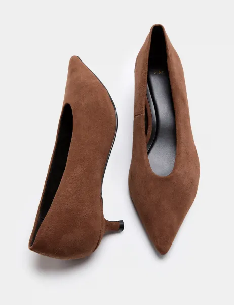 Marks & Spencer Suede Kitten Heel Pointed Court Shoes Dark Tan