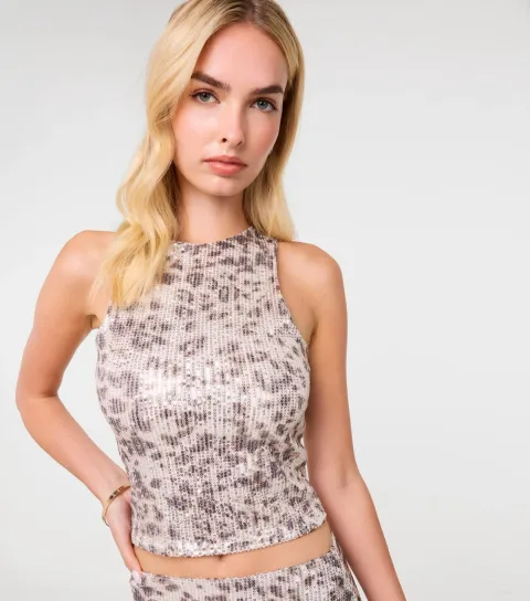 Pink Vanilla Women's Off White Animal Print Sequin Tank Top