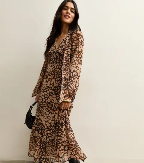 Women's Brown Printed Chiffon Tie Neck Midi Dress