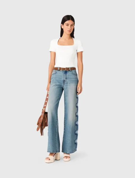 Floral embroidered wide-leg jeans