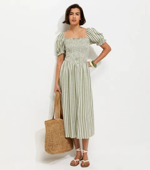 Women's Green Striped Shirred Puff Sleeve Midi Dress