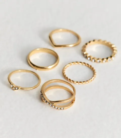 Gold Tone Pack of 6 Diamante Embellished Rings
