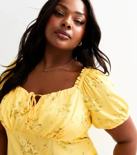 Women's Plus Size Yellow Floral Print Milkmaid Top Curves
