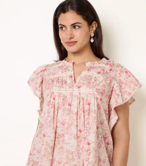 Women's Pink Cotton Floral Ruffle Sleeve Blouse