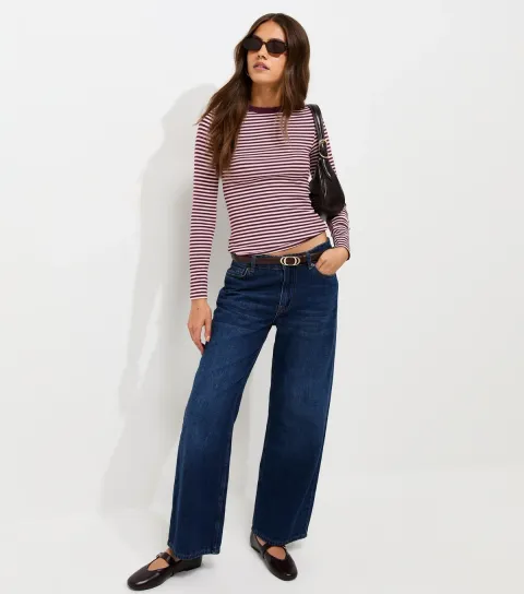 Women's Burgundy Cotton Rich Rib Striped Long Sleeve Top