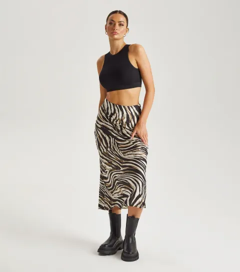 Women's White Animal Print Bias Cut Midi Skirt