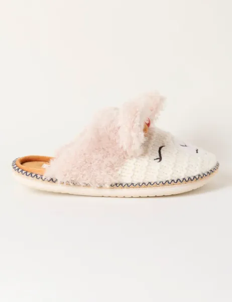FatFace Knitted Alpaca Pom Pom Slippers Ivory Mix