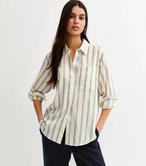 Women's Cream and Blue Striped Long Sleeve Shirt