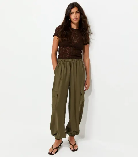Women's Dark Khaki Cargo Pocket Tapered Cuffed Trousers