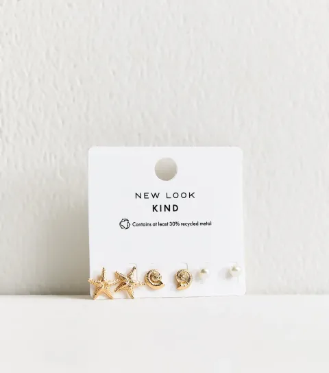 Pack of 3 Gold Tone Shell Starfish and Faux-Pearl Stud Earrings