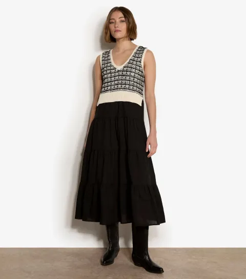 Apricot Women's Dogtooth V-Neck Knit Sleeveless 2 In 1 Midi Dress