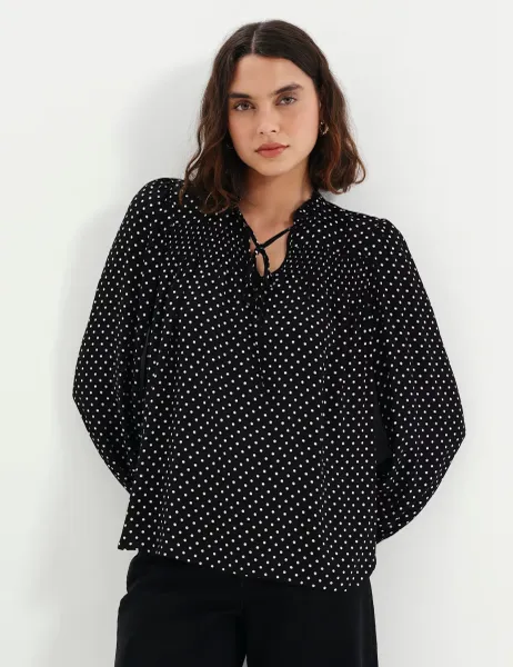 Finery London Polka Dot Shirred Tie Neck Blouse