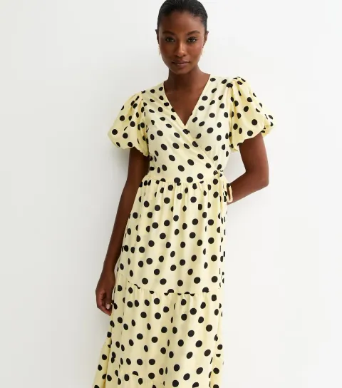 Women's Yellow Crepe Polka Dot Midi Dress