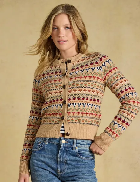 Joules Cotton Rich Fair Isle Cardigan Oatmeal Mix