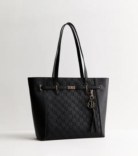 Black Faux Leather Embossed Monogram Tote Bag