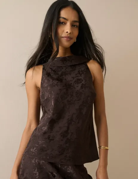 Nobody's Child Satin Leaf Print High Neck Tie Detail Blouse Brown