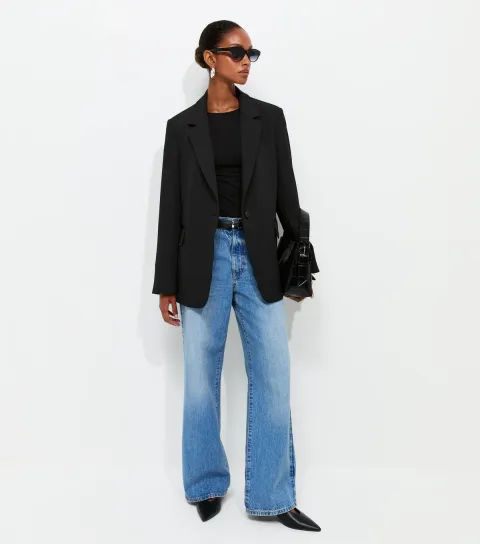 Women's Black Oversized Woven Single Button Blazer