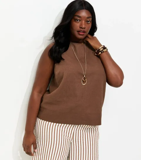 Women's Plus Size Dark Brown Linen Rich Sleeveless Top Curves