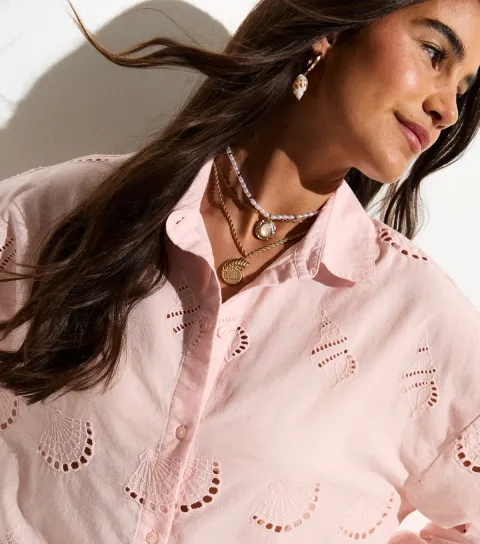New Look Women's Light Pink Shell Cutwork Beach Shirt