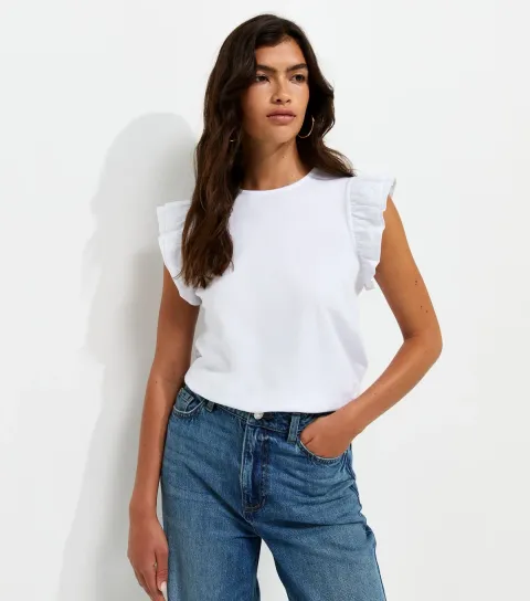 Women's White Cotton Frill Sleeve Top