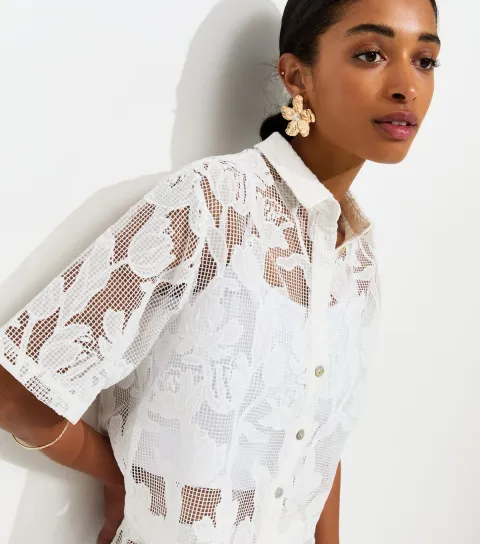 Women's Premium White Embroidered Netted Floral Lace Beach Shirt